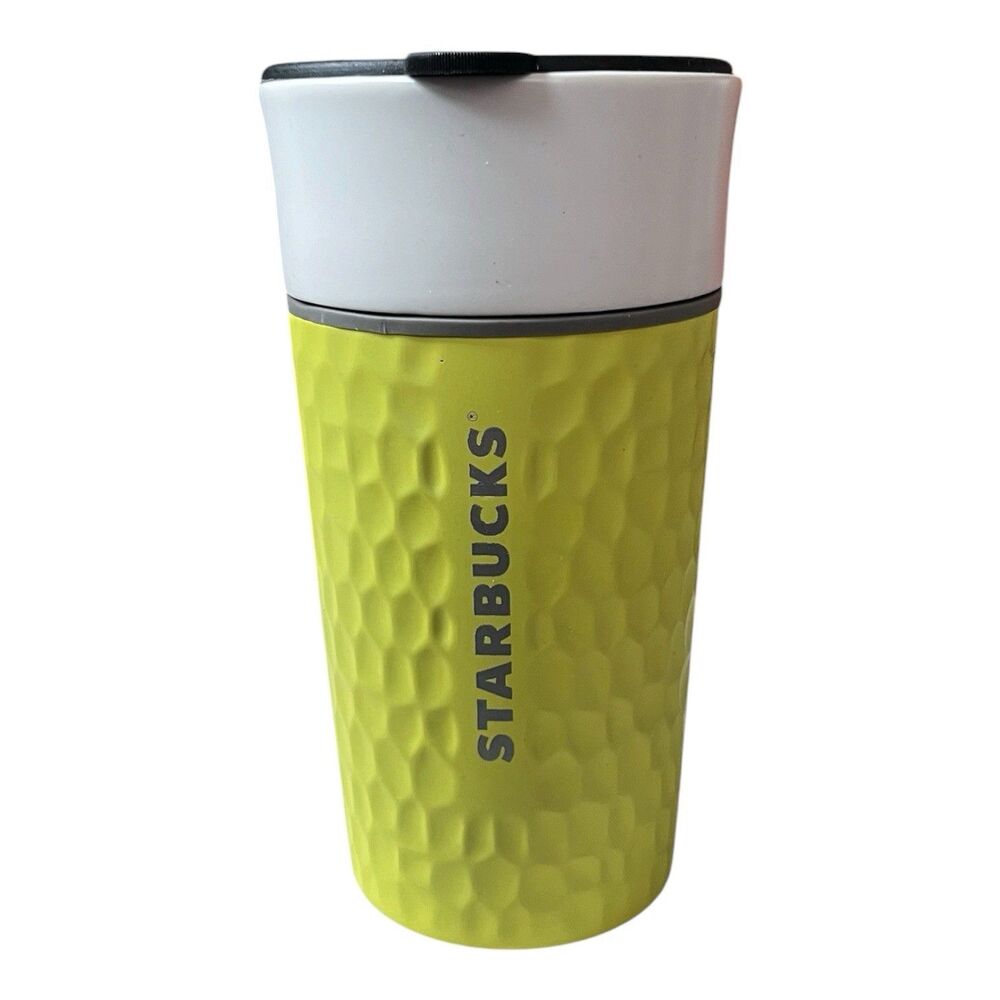 Starbucks Ceramic Tumbler 2016 Electric Lime Yellow Dimpleed Tumbler 12 READ